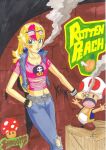 bad_ass blonde_hair bracelet chain_belt cigarette crate crop_top earrings graffiti jacket jeans mushroom_people nintendo piercing princess_peach smoking sunglasses super_mario_bros. tattoo toad_(mario) toad_(mario_species) torn_clothing wall