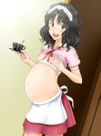  1girl amagami apron black_eyes black_hair blush breasts cup female holding indoors lactation looking_at_viewer messy_hair milking myu-po navel nipples no_bra open_mouth plate pregnant shirt_lift short_hair small_breasts smile solo standing tanamachi_kaoru waitress 