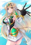  1girl 1girl alluring big_breasts blonde_hair cleavage high_res long_hair mythra sofusan1526 very_long_hair xenoblade_(series) xenoblade_chronicles_2 yellow_eyes 