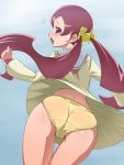  1girl ass baanin hanasaki_tsubomi heartcatch_precure! heartcatch_pretty_cure! long_hair open_mouth panties precure pretty_cure purple_eyes purple_hair school_uniform skirt skirt_lift solo underwear upskirt wind_lift yellow_panties 