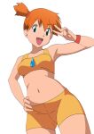  1girl :d alluring commission creatures_(company) eyelashes female_only game_freak green_eyes hand_on_hip hand_on_own_hip hand_up happy high_res looking_at_viewer looking_down medium_breasts midriff misty misty_(pokemon) navel nintendo open_mouth orange_hair pixiv_commission pokemon pokemon_rgby shirt shorts side_ponytail simple_background sleeveless sleeveless_shirt smile tongue v white_background wristband yellow_shirt yellow_shorts yotsuba_ichinose 