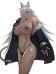 1girl abs big_breasts breasts choker clothing cowboy_shot dark-skinned_female dark_skin eyepatch fur-trimmed_jacket fur_trim ghislaine_dedoldia high_resolution highleg highleg_panties jacket long_hair memory342 muscle muscular_female mushoku_tensei:_isekai_ittara_honki_dasu navel nipples one-eyed panties red_choker red_eyes scar scar_on_stomach shiny shiny_skin silver_hair simple_background tail tail_ornament tail_ring underwear white_background white_hair