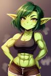  abs ai_generated amber_eyes breasts cowboy_shot goblin goblin_female green_hair green_skin looking_at_viewer midriff muscular muscular_female nuggeto pointy_ears shorts smile smug tank_top 