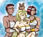 3_girls aphrodite_(shuumatsu_no_valkyrie) big_breasts blonde_hair breast_grab breasts brown_hair circlet drusyla fair_skin goddess jewelry meme muscle muscular muscular_female nickyvendetta parody record_of_ragnarok servants_holding_aphrodite's_breasts_(meme) short_hair shuumatsu_no_valkyrie smirk tan_skin