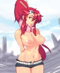 1girl arms_behind_back belly belt big_breasts breasts female female_only hair hair_ornament hair_stick inverted_nipples lips long_hair midriff navel nipples owler ponytail puffy_nipples red_hair scarf short_shorts shorts sidelocks skull_hair_ornament smile solo_female striped striped_scarf tengen_toppa_gurren-lagann topless yellow_eyes yoko_littner