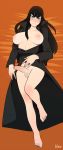 1futa alternate_costume areolae barefoot big_breasts black_hair blue_eyes blush breasts breasts_apart dakimakura erection eyebrows foreskin frown futa_only futanari highres incase kill_la_kill kiryuuin_satsuki long_coat long_hair lying naked_coat nipples on_back penis phimosis solo solo_futa testicles thick_eyebrows