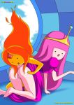 2girls adventure_time all_fours anilingus ass blush fire fire_elemental fire_hair flame_princess jewel open_mouth orange_skin palcomix pink_hair pink_skin princess_bubblegum pussy red_hair saliva_trail sky tiara tongue yuri yuri_haven