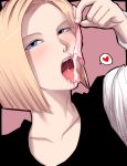 android_18 blonde_hair blue_eyes blush condom condom_in_mouth cum cum_in_mouth cum_on_tongue dragon_ball dragon_ball_z hair heart mouth_hold sawao short_hair solo tongue used_condom