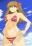 asuka_langley_souryuu bikini blue_eyes blue_sky breasts brown_hair clothing eyebrows_visible_through_hair gainax hair_ornament hands_on_hips high_resolution layered_bikini long_hair medium_breasts neon_genesis_evangelion panties rebuild_of_evangelion scenery shu-z sky striped striped_panties striped_swimsuit striped_underwear swimsuit underwear