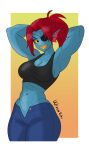  1girl 2020s 2023 2d 2d_(artwork) abs anthro anthro_only armpits artist_name ass big_breasts black_crop_top black_eyepatch black_tank_top black_topwear blue_body blue_bottomwear blue_skin border bottomwear breasts cleavage clothed clothed_anthro clothed_female clothing cowboy_shot crop_top deviantart digital_media_(artwork) ear_fins eyepatch female_abs female_anthro female_only fins fish fish_girl hair hands_behind_head head_fins long_hair looking_at_viewer marine midriff monster monster_girl muscle muscular muscular_anthro muscular_female navel nipples non-mammal_breasts pinup ponytail pussy red_hair red_ponytail sharp_teeth simple_background slit_pupils solo_anthro solo_female tank_top teeth topwear undertale undertale_(series) undyne unzipped unzipped_pants video_game_character video_games white_border wixedecho yellow_sclera yellow_teeth 