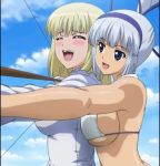 2_girls 2girls arm arms arrow bare_shoulders big_breasts bikini bikini_top blonde_hair blue_eyes blue_sky blush bow_(weapon) bra breast_press breasts closed_eyes cloud crossover curvy emilie_de_rochefort female from_behind hairband happy laugh laughing lili_(tekken) lili_rochefort looking_at_another majikina_mina multiple_girls namco naughty_face open_mouth queen's_gate samurai_spirits shiny shiny_skin short_hair sideboob silver_hair sky smile snk teeth tekken tongue underwear yuri