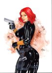  1girl 2018 abstract_background ass assassin avengers big_ass big_breasts black_bodysuit black_gloves black_latex black_leather black_widow blue_eyes bodysuit breasts comic_book_character curvaceous curvy dagger dat_ass dated ed_benes_studio erect_nipples erect_nipples_under_clothes eyeshadow female_only from_behind gloves gun holding_gun holding_knife holding_pistol holding_weapon human iago_maia knife latex leather leather_gloves makeup marvel marvel_comics mascara natasha_romanoff nipple_bulge nipples pinup pistol pouch red_hair s.h.i.e.l.d. short_hair signature skintight_bodysuit solo_female solo_focus spy superheroine tagme thick_ass thick_thighs thighs voluptuous weapon widow&#039;s_bite 