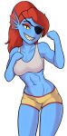 1girl 2019 2d alternate_version_available anthro anthro_only areola ass black_eyepatch blue_body blue_skin bottomwear breasts cleavage clenched_hands clothed clothed_anthro clothed_female clothing cowboy_shot crop_top digital_drawing digital_media ear_fins eyelashes eyepatch female_only fish fish_girl hair hand_on_breast hand_on_own_breast high_res long_hair looking_at_viewer medium_breasts midriff monster monster_girl navel nipples non-mammal_breasts non-mammal_navel ponytail pussy red_hair relatedguy sharp_teeth slit_pupils solo_anthro solo_female topwear transparent_background undertale undertale_(series) undyne variant_set video_game_character video_games yellow_sclera yellow_teeth