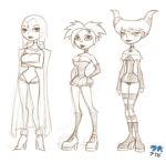 3girls argent boots cape capelet cloak dc dc_comics female jinx leotard multiple_girls platform_shoes raven_(dc) sketch standing striped_legwear teen_titans trio