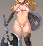 136 1girl armour battle_axe belly bikini blonde_hair blush boots breasts cameltoe choker collarbone cropped elbow_gloves embarrassed erect_nipples facecut female female_only fingerless_gloves gloves grey_background hair highres holding imazon impossible_armour kusugawa_sasara long_hair micro_bikini midriff mound_of_venus navel revision shield simple_background solo stockings sweat swimsuit thigh_high_boots to_heart to_heart_2 to_heart_2_dungeon_travelers