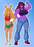  2020s 2023 2_girls 2d 2d_(artwork) 5_fingers abs alternate_costume anthro anthro_only antlers artist_name ass big_breasts blonde_hair blue_background blue_bottomwear bottomwear breast_size_difference breasts brown_body brown_eyes brown_fur buckteeth capreoline cervid cervine clothed clothed_anthro clothed_female clothing crop_top deer deer_ears deer_girl deer_tail deltarune deviantart digital_media_(artwork) duo female_abs female_anthro female_only flexing footwear full_body fur furry furry_female gradient_background green_bottomwear green_shorts hair hand_on_hip hand_on_own_hip larger_female lizard lizard_girl long_hair looking_at_viewer mammal medium_breasts midriff monster monster_girl muscle muscular muscular_anthro muscular_female navel nipples noelle_holiday noelle_holiday_(light_world_form) pinup purple_crop_top purple_eyes purple_tank_top purple_topwear pussy red_crop_top red_tank_top red_topwear reindeer reptile reptile_girl scalie scalie_female shoes shorts simple_background smaller_female sneakers standing susie_(deltarune) susie_(light_world_form) tank_top teeth topwear undertale_(series) video_game_character video_games white_outline wixedecho 