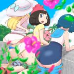 4girls ass female_only human lana_(pokemon) lillie_(pokemon) mallow_(pokemon) microsd_(artist) nintendo one-piece_swimsuit panties pants_down pokemon pokemon_sm selene_(pokemon) swimsuit thick_thighs