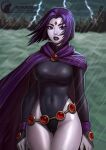 1girl 1girl 1girl astrowolf belt black_lipstick blue_eyes cameltoe cloak dc_comics detailed_background female_only forehead_jewel grey_skin high_res hooded_cloak legs_together leotard looking_at_viewer medium_hair purple_hair raining raven_(dc) sea teen_titans thick_thighs thigh_gap