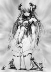 1girl :d ar_tonelico ar_tonelico_i armor bangs boots bosshi braid breasts bulge emphasis_lines erection female formal full_body futanari girl gloves gradient groin gust hair_ornament headgear highleg highleg_leotard huge_penis kneeling leotard long_hair looking_at_viewer monochrome naughty_face open_mouth parted_lips penis puffy_sleeves see-through shadow shurelia side_braid sketch small_breasts smile solo suit testicles thigh_boots thighhighs turtleneck twin_braids very_long_hair