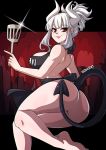 1girl apron apron_only ass back bangs bare_arms bare_back bare_legs bare_shoulders bare_thighs big_breasts black_apron black_tail blush breasts demon_girl demon_horns demon_tail eyebrows_visible_through_hair hadaka_apron helltaker high_resolution horns huge_ass huge_breasts kinkymation legs long_hair looking_back looking_to_the_side lucifer_(helltaker) mole mole_under_eye monster_girl naked_apron no_bra nopan ponytail red_eyes smile spatula tail thighs tied_hair white_hair white_horns