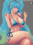 1girl big_breasts bikini blue_eyes blue_hair breasts cleavage erect_nipples huge_breasts kyoffie league_of_legends legs legs_crossed lips polka_dot polka_dot_bikini polka_dot_swimsuit side-tie_bikini solo sona sona_buvelle strap_gap swimsuit twin_tails underboob