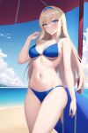  1girl alice_schuberg alluring bare_legs beach big_breasts bikini blonde_hair blue_eyes nightcore_(artist) ocean sea sunshine sword_art_online 