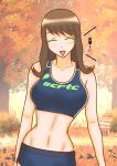 1girl alluring athletic_female autumn_leaves big_breasts brown_hair closed_eyes fit_female forest hayami_sena high_res laughing mashin_sentai_kiramager mokuro mokuro_(artist) nature sena_hayami sports_bra super_sentai track_and_field_outfit