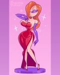 1girl 1girl big_breasts bleedingpervert dollification female_focus high_heels huge_breasts jessica_rabbit knick_knack lipstick long_gloves narrow_waist purple_gloves purple_sunglasses red_dress red_high_heels sunglasses sunnification transformation who_framed_roger_rabbit wide_hips