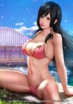  1girl alluring big_breasts bikini black_hair blue_eyes dead_or_alive kokoro kokoro_(doa) legs_spread looking_at_viewer nefrubi spread_legs swimming_pool tecmo 