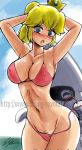 1girl arms_up bikini blonde blonde_hair blooper blue_eyes blush breasts cleavage clothing crown erect_nipples female female_only headwear john_joseco large_breasts mario_(series) navel nintendo nipples outdoors princess_peach solo super_mario_bros. swimsuit thong-revolution