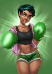 1girl aja black_hair boxing_gloves dark_skin genderswap little_mac midriff navel nintendo punch-out!! punching short_shorts shorts super_smash_bros. tank_top