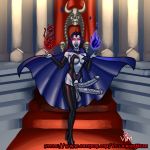 dc_comics dc_comics demon dickgirl evil_grin futanari hemipenes high_heels horse_penis horsecock latex latex_boots latex_gloves latex_suit latex_thighhighs magic pinup raven_(dc) throne throne_room villainous_muse