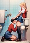  ai_generated blonde_hair crossdressing fellatio futanari futanari_on_male head_grab school_uniform schoolgirl skirt stable_diffusion toilet 