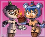 animal_crossing animal_crossing_boy bear_ears big_breasts birthday black_hair blue_hair breasts cake digital_media_(artwork) doodle empanadas food glasses green_eyes jackintaro looking_at_viewer nerdy_male nintendo panties pussy_hair simple_background small_breasts stockings villager_(animal_crossing) yellow_eyes