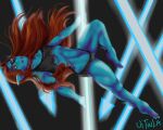  1girl 2010s 2015 2d 2d_(artwork) abs anthro anthro_only artist_name black_background blue_body blue_skin breasts clothed clothed_female clothing dark_background digital_media_(artwork) ear_fins eyepatch feet female_abs female_anthro female_only fins fish fish_girl hair hair_down head_fins long_hair marine midriff monster monster_girl muscle muscular muscular_anthro muscular_female non-mammal_breasts pole pole_dancing red_hair sharp_teeth simple_background slit_pupils small_breasts solo_anthro solo_female spear teeth uitinla undertale undertale_(series) undyne video_game_character video_games yellow_sclera yellow_teeth 