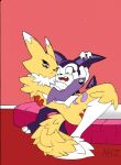  1girl ass_grab bandai_namco bed bedroom big_breasts breasts digimon digimon_(species) digimon_tamers dreamcastzx1 drooling female female_fox fox imp impmon male renamon saliva thick_thighs vixen 