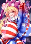 american_flag_bikini autopaizuri autopaizuri_under_clothes between_breasts big_breasts cum futanari grin impossible_clothes impossible_clothing lactation_through_clothes looking_at_viewer milk_leaking milk_leaking_through_clothing smiling_at_viewer touhou winking winking_at_viewer