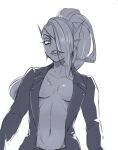  1girl 2020s 2023 2d 2d_(artwork) alternate_costume anthro anthro_only artist_name boob_window breasts cleavage clothed clothed_female clothing digital_media_(artwork) ear_fins eyepatch female_anthro female_only fins fish fish_girl greyscale hair hair_over_one_eye head_fins looking_at_viewer marine mekyo_(topotopo_0_0) monochrome monster monster_girl navel no_bra non-mammal_breasts non-mammal_navel ponytail scar sharp_teeth simple_background slit_pupils solo_anthro solo_female teeth twitter twitter_username undertale undertale_(series) undyne upper_body video_game_character video_games white_background 