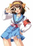  brown_eyes brown_hair bulge cameltail cum futanari headband penis school_uniform studio_sunadokei suzumiya_haruhi suzumiya_haruhi_no_yuuutsu 