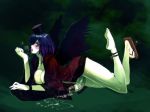 blue_hair blush breasts breath copyright_request cum cumdrip cumpool feet futanari geta japanese_clothes jeffr long_hair nipple_slip nipples open_mouth pale_skin penis precum saliva saliva_trail single_shoe solo tengu tongue tongue_out wings