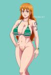  1girl alluring bare_legs big_breasts bikini_top cleavage kazibar naked_from_the_waist_down nami nami_(one_piece) one_piece orange_hair pin_up pubic_hair pussy shounen_jump 