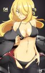 1girl 1girl alluring alternate_color arm_at_side bikini black_background blonde_hair breasts_apart character_name cleavage coat collarbone cowboy_shot creatures_(company) cynthia cynthia_(pokemon) game_freak grin hair_ornament hair_over_one_eye hip_focus long_hair looking_at_viewer medium_breasts naughty_face navel nintendo open_clothes pants parted_lips pokemon pokemon_dppt shiny_skin simple_background smile stomach swimsuit text_focus undressing vivivoovoo yellow_eyes