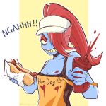  1girl 2020s 2022 2d 2d_(artwork) angry anthro anthro_only apron artist_name blue_body blue_skin breasts cap cleavage clothed clothed_female clothing digital_media_(artwork) ear_fins english_text eyepatch female_anthro female_only fins fish fish_girl food hair hair_over_one_eye hat head_fins headwear hot_dog hotdog ketchup ketchup_bottle looking_at_viewer marine mekyo_(topotopo_0_0) monster monster_girl non-mammal_breasts off_shoulder_apron orange_apron ponytail red_hair red_ponytail simple_background slit_pupils solo_anthro solo_female squeezing stained_apron teeth text text_on_apron twitter twitter_username two-tone_background undertale undertale_(series) undyne upper_body video_game_character video_games yellow_background yellow_sclera 