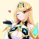  1girl bare_shoulders big_breasts blonde_hair blowing_kiss blush chest_jewel cleavage cleavage_cutout clothing_cutout dress earrings elbow_gloves frieren_blowing_a_kiss_(meme) gloves heart high_res jewelry long_hair looking_at_viewer meme mythra nintendo one_eye_closed open_mouth plum_ssbu swept_bangs white_gloves xenoblade_(series) xenoblade_chronicles_2 yellow_eyes 