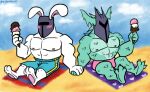 2010s 2015 2boys abs anthro anthro_only bara beach blush blush_stickers bunny day dragon dragon_boy duo edtertainer food fur furry furry_male gloves green_body green_scales green_skin hair_tuft hand_holding helmet hert ice_cream lagomorph leporid male male/male male_anthro male_nipples male_only mammal mat monster monster_boy muscle muscular muscular_anthro muscular_male navel nipples outside pecs pectorals rabbit rabbit_boy reptile rg01_(undertale) rg02_(undertale) scales scalie scalie_male simple_background sitting sky swimming_trunks topless_anthro topless_male tumblr undertale undertale_(series) underwear unseen_male_face video_games white_body white_fur yaoi