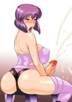 1girl ass bare_shoulders blush breasts censored cleavage cum ejaculation futanari ghost_in_the_shell ghost_in_the_shell_stand_alone_complex gloves hair handsfree_ejaculation intersex kusanagi_motoko large_breasts penis purple_hair red_eyes saliva shin_nihon_pepsitou short_hair sitting solo st.germain-sal stockings tears thighhighs