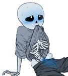  1boy 2d 2d_(artwork) animated_skeleton arm_support biting_clothes biting_shirt blue_blush blue_penis blush bulge bulge_under_clothes digital_media_(artwork) doiduh ectopenis glowing glowing_genitalia glowing_penis looking_up male male_only malesub monster monster_boy penis penis_bulge penis_peek precum sans sans_(undertale) skeleton solo_male source_request submissive submissive_male sweat undead undertale undertale_(series) video_game_character video_games white_background 