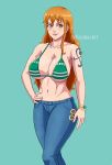 1girl alluring big_breasts bikini_top cleavage jeans kazibar nami nami_(one_piece) one_piece orange_hair pin_up shounen_jump