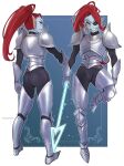  1girl 2020s 2023 2d 2d_(artwork) anthro anthro_only armor armored_boots armored_gloves artist_name ass blue_body blue_skin breasts clothed clothed_female clothing crotch digital_media_(artwork) ear_fins eyepatch female_anthro female_only fins fish fish_girl full_body gauntlets hair head_fins holding_spear holding_weapon looking_at_viewer marine mekyo_(topotopo_0_0) monster monster_girl multiple_views non-mammal_breasts ponytail red_hair red_ponytail sharp_teeth simple_background slit_pupils solo_anthro solo_female spear standing standing_on_one_leg teeth twitter twitter_username two-tone_background undertale undertale_(series) undyne video_game_character video_games weapon white_background white_border yellow_sclera 