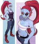  1girl 2020s 2024 2d 2d_(artwork) anthro anthro_only artist_name belt black_belt black_tank_top blue_body blue_skin boots bottomwear breasts cleavage clothed clothed_female clothing digital_media_(artwork) ear_fins eyepatch female_anthro female_only fins fish fish_girl full_body glistening_body glistening_breasts glistening_skin hair hands_on_hips hands_on_own_hips head_fins marine mekyo_(topotopo_0_0) midriff monster monster_girl multiple_views navel non-mammal_breasts off_shoulder ponytail red_boots red_hair red_ponytail sharp_teeth simple_background slit_pupils solo_anthro solo_female sports_bra standing tank_top teeth topwear twitter twitter_username undertale undertale_(series) undyne video_game_character video_games white_background white_border white_sports_bra yellow_sclera 